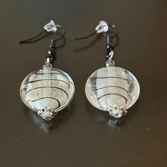 Lampwork Clear Glass Bead with Black Swirls Pierced Earrings - Picture 2 of 3